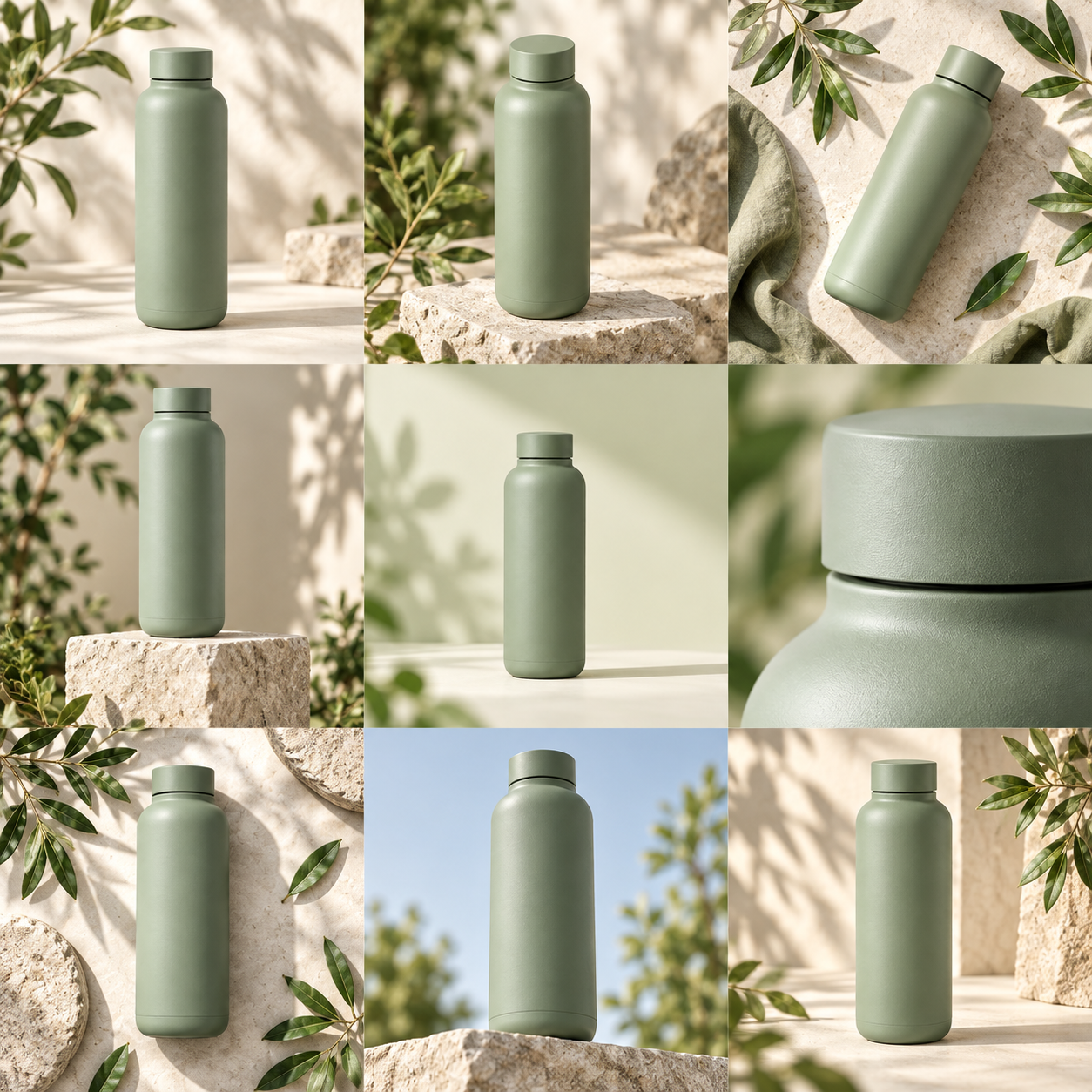 Actual generated contact sheet: the sample sage bottle with leaves, stone plinths and natural light